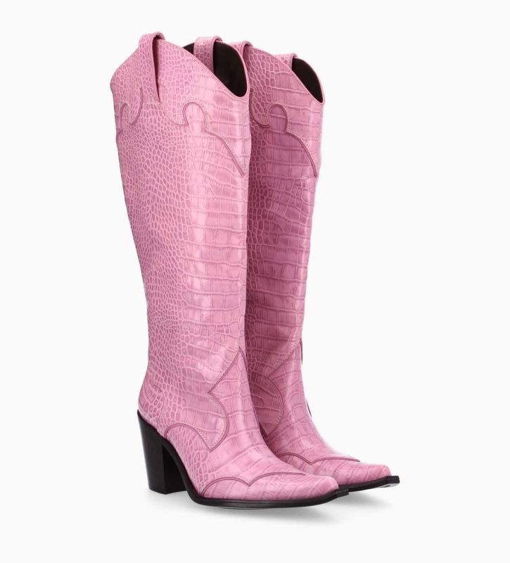 Free Lance Annie 80 Botte Western à Talon Cuir De Veau Imprimé Croco Rose