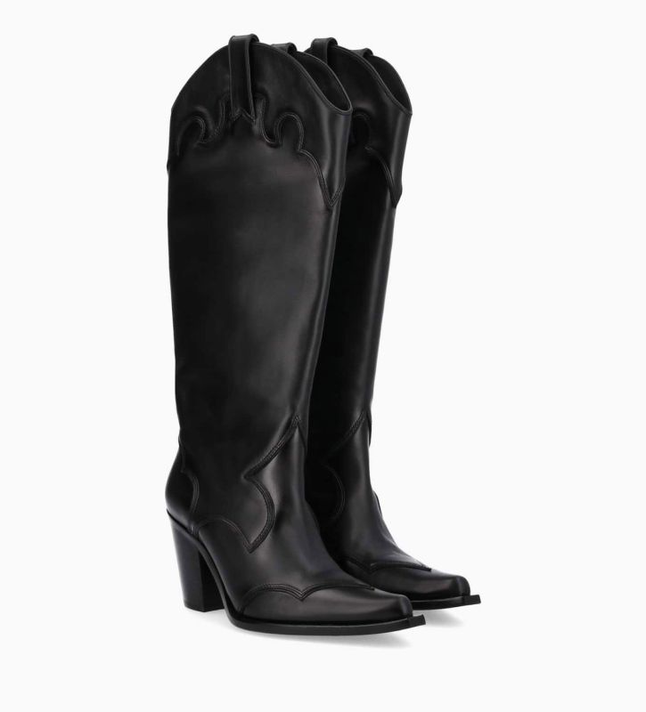 Free Lance Annie 80 Botte Western à Talon Cuir De Veau Lisse Mat Noir