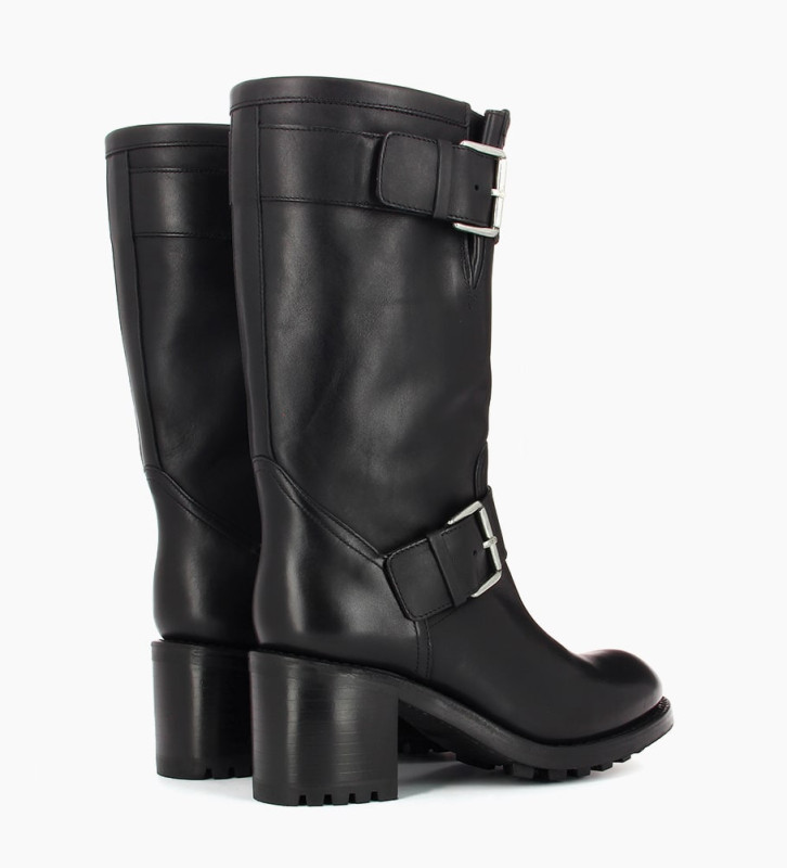 Free Lance Biker 70 Botte Biker à Double Boucle Biker Cuir Lisse Noir