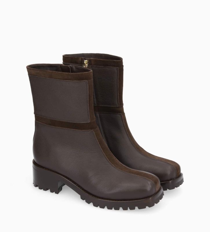 Free Lance Blake 45 Boot Biker Zippée à Bout Carré Cuir Grainé/Cuir Velours Marron Foncé