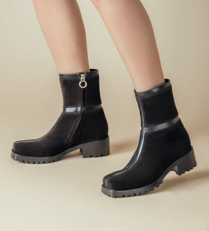 Free Lance Blake 45 Boot Biker Zippée à Bout Carré Cuir Velours/Cuir De Veau Lisse Noir