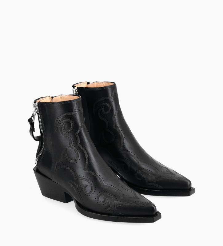 Free Lance Calamity 40 Bottine Western Brodée Cuir De Veau Lisse Mat Noir
