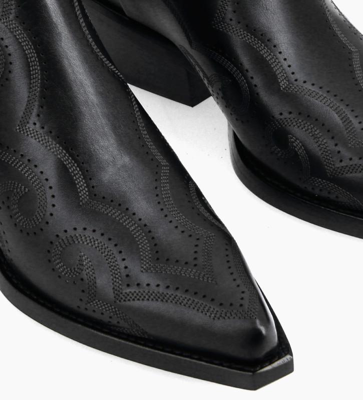 Free Lance Calamity 40 Bottine Western Brodée Cuir De Veau Lisse Mat Noir