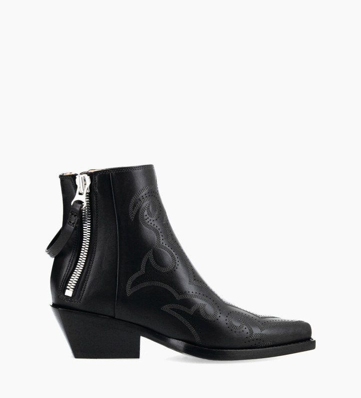 free lance Calamity 40 Bottine Western brodée Cuir de veau lisse mat Noir