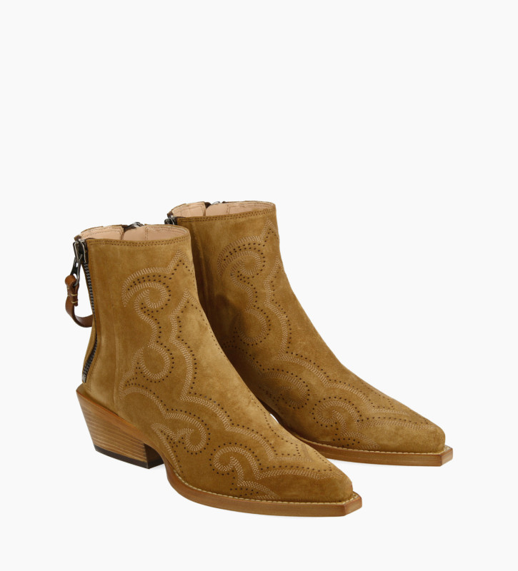 Free Lance Calamity 40 Bottine Western Brodée Cuir Velours Cigare