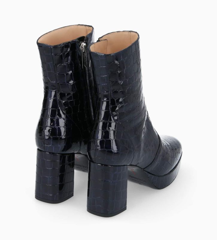 Free Lance Carlotta 70 Bottine Zippée à Talon Cuir Imprimé Crocodile Verni Bleu Nuit