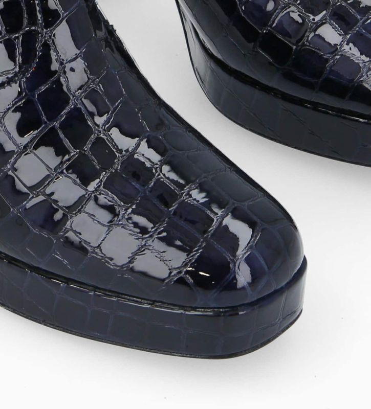 Free Lance Carlotta 70 Bottine Zippée à Talon Cuir Imprimé Crocodile Verni Bleu Nuit