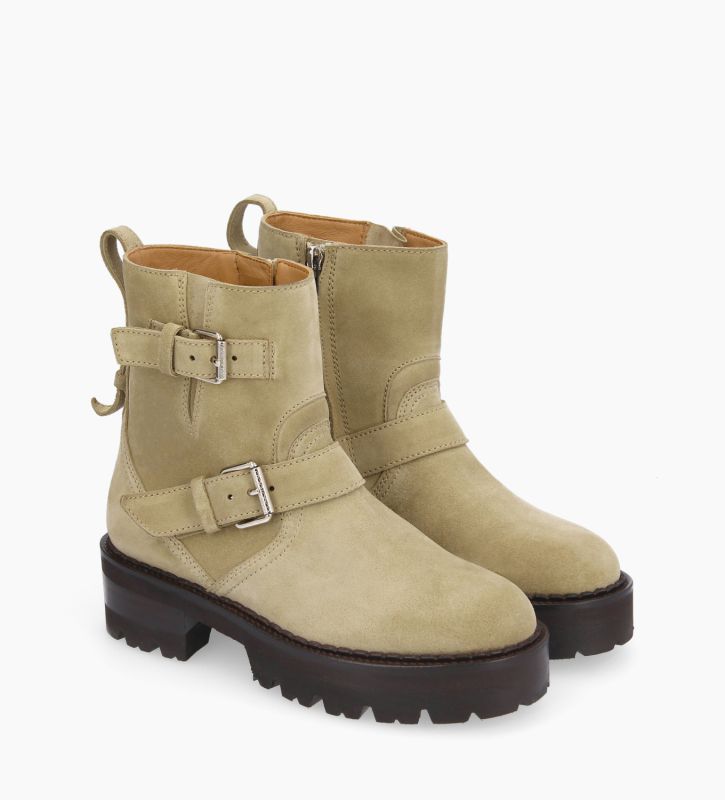 Free Lance Carrie 45 Boot Biker à Double Boucle Cuir Velours Beige