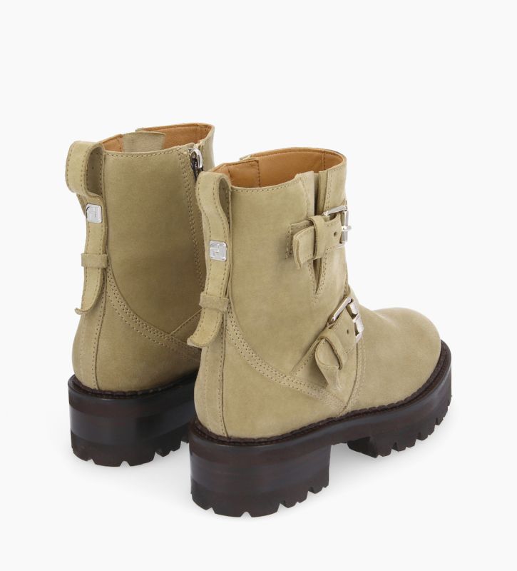 Free Lance Carrie 45 Boot Biker à Double Boucle Cuir Velours Beige