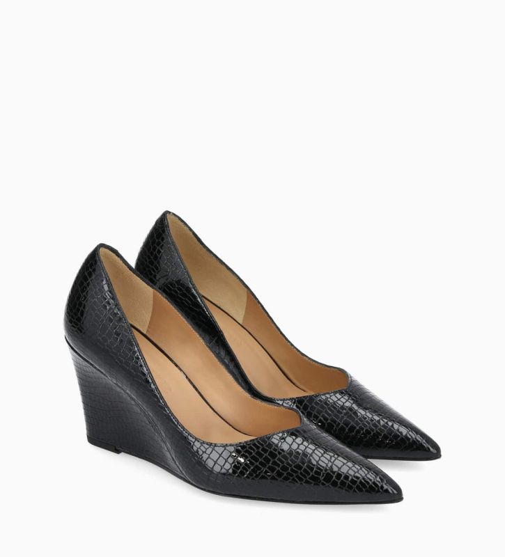 Free Lance Francesca 70 Escarpin à Talon Compensé à Bout Cuir Imprimé Serpent Verni Noir