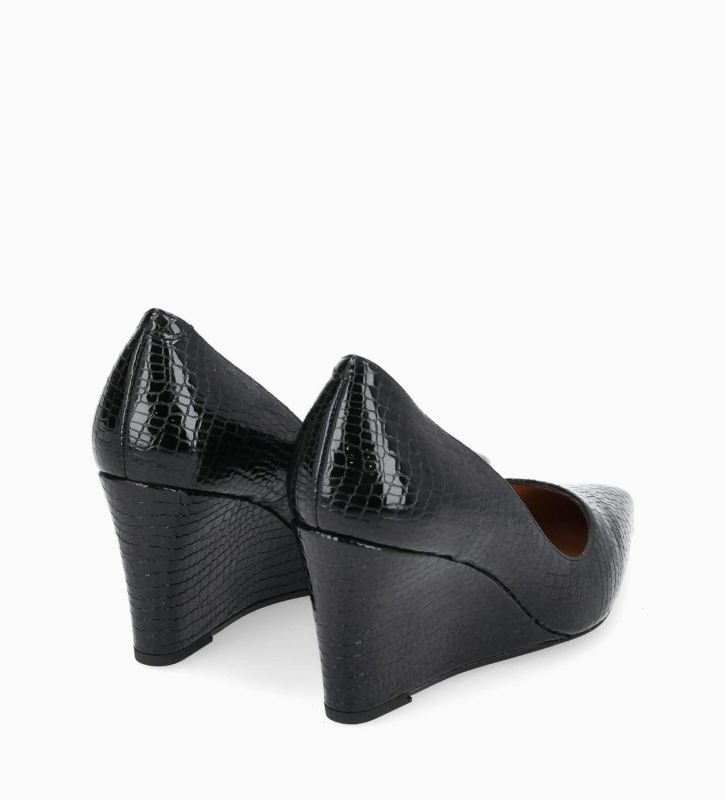 Free Lance Francesca 70 Escarpin à Talon Compensé à Bout Cuir Imprimé Serpent Verni Noir