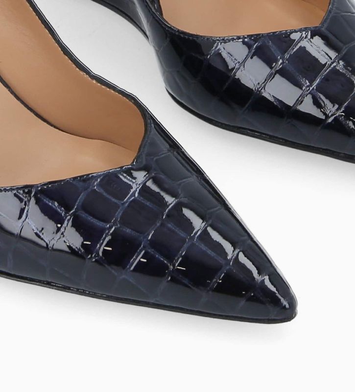 Free Lance Francesca 70 Escarpin à Talon Compensé à Bout Cuir Imprimé Crocodile Verni Bleu Nuit