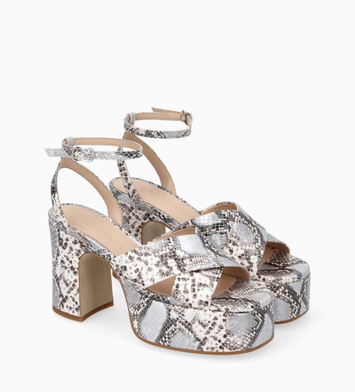 Free Lance Gabi 95 Sandale à Talon à Brides Croisées Cuir Métallisé Imprimé Serpent Beige/Argent