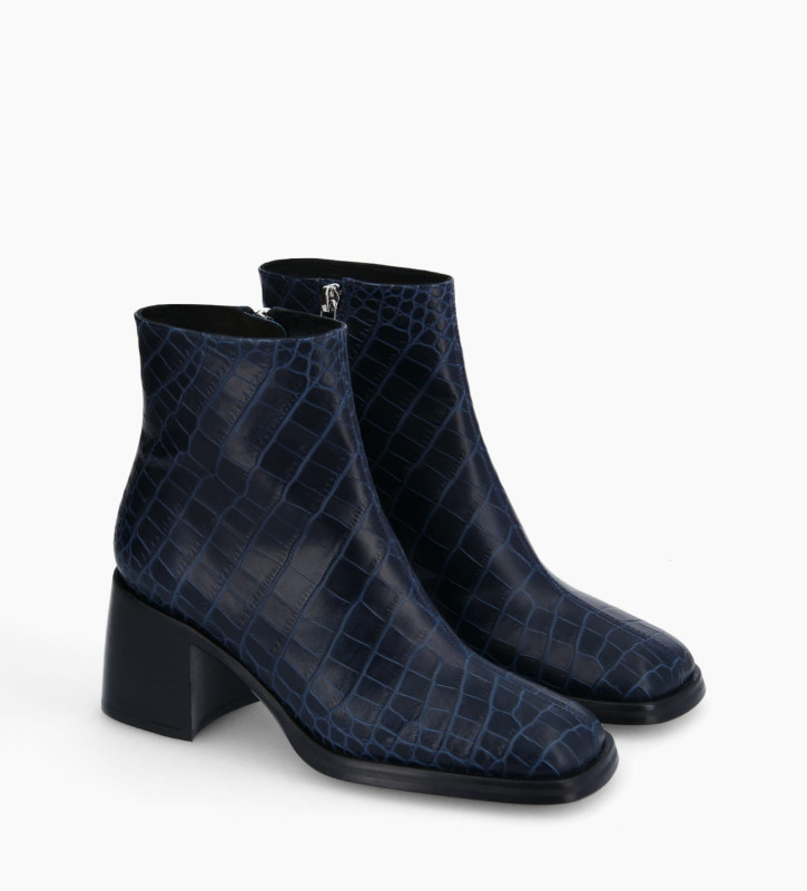 Free Lance Gray 70 Bottine à Talon à Bout Carré Cuir Imprimé Croco Marine