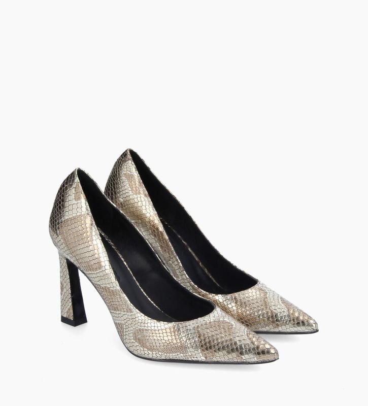 Free Lance Iris 85 Escarpin à Talon à Bout Pointu Cuir Imprimé Serpent Doré