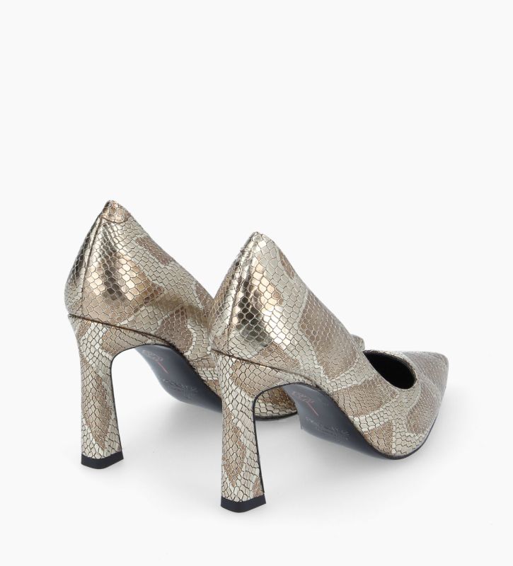 Free Lance Iris 85 Escarpin à Talon à Bout Pointu Cuir Imprimé Serpent Doré
