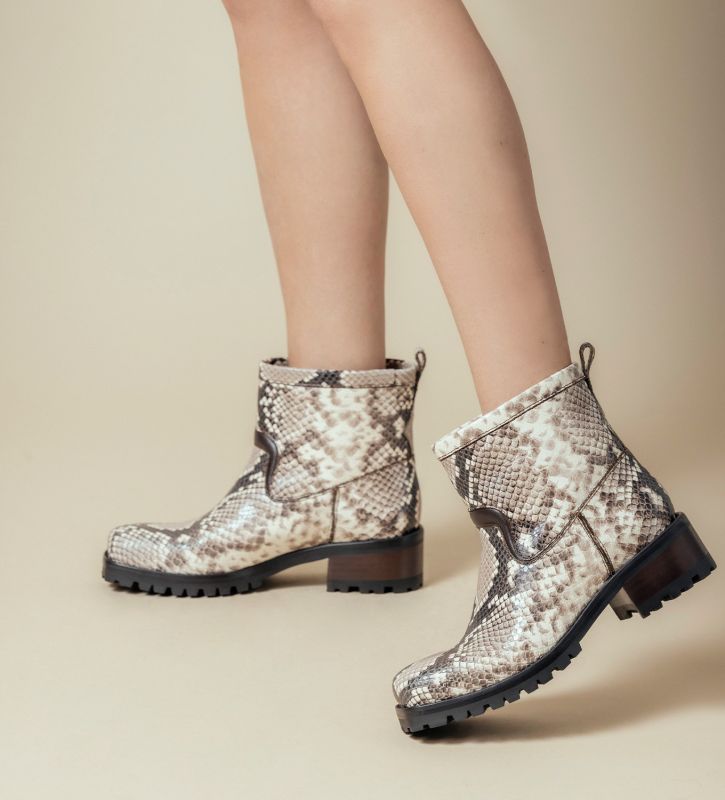 Free Lance Jac 45 Boot Biker à Bout Carré Cuir Imprimé Serpent Taupe