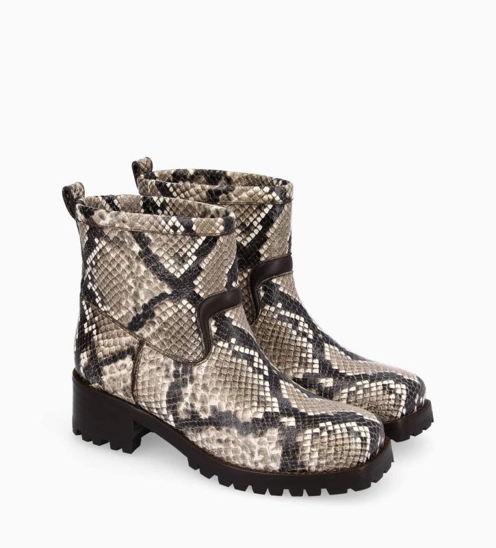 Free Lance Jac 45 Boot Biker à Bout Carré Cuir Imprimé Serpent Taupe