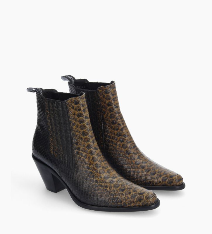 Free Lance Jane 70 Bottine Chelsea à Talon Cuir Imprimé Serpent Jaune/Noir