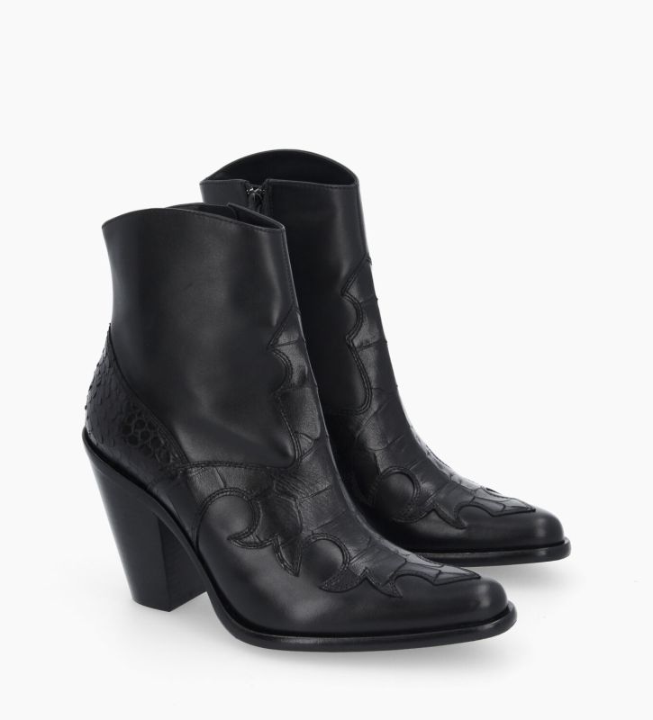 Free Lance Jane 9 Bottine Western Brodée à Talon Cuir De Veau/Cuir Imprimé Crocodile Noir