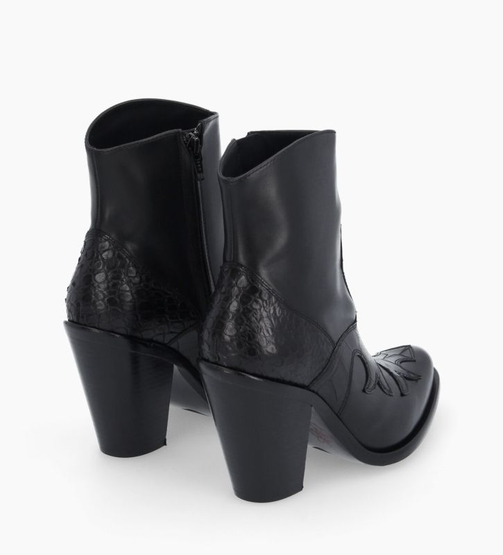 Free Lance Jane 9 Bottine Western Brodée à Talon Cuir De Veau/Cuir Imprimé Crocodile Noir