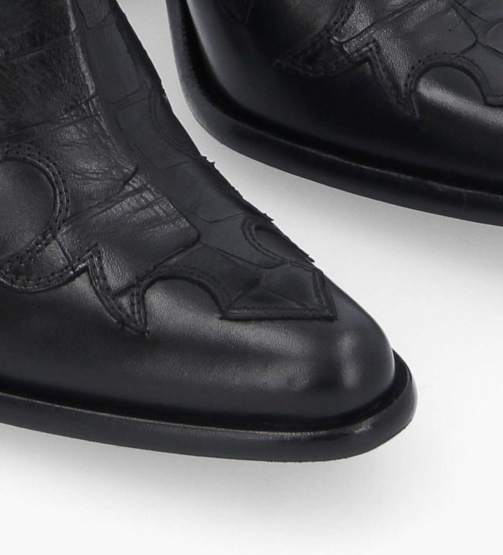 Free Lance Jane 9 Bottine Western Brodée à Talon Cuir De Veau/Cuir Imprimé Crocodile Noir