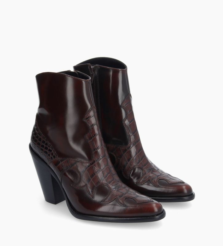 Free Lance Jane 9 Bottine Western Brodée à Talon Cuir De Veau/Cuir Imprimé Crocodile Marron