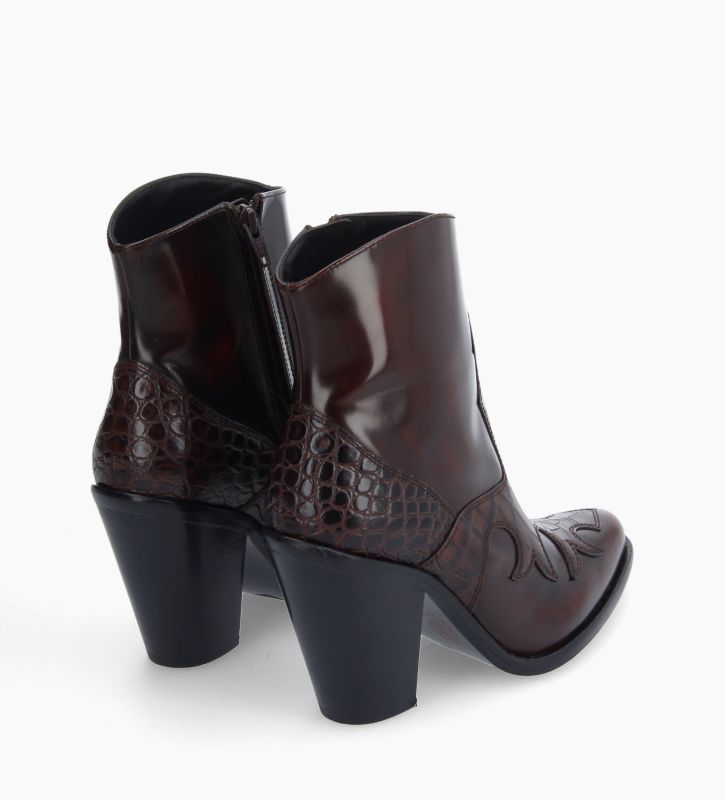 Free Lance Jane 9 Bottine Western Brodée à Talon Cuir De Veau/Cuir Imprimé Crocodile Marron