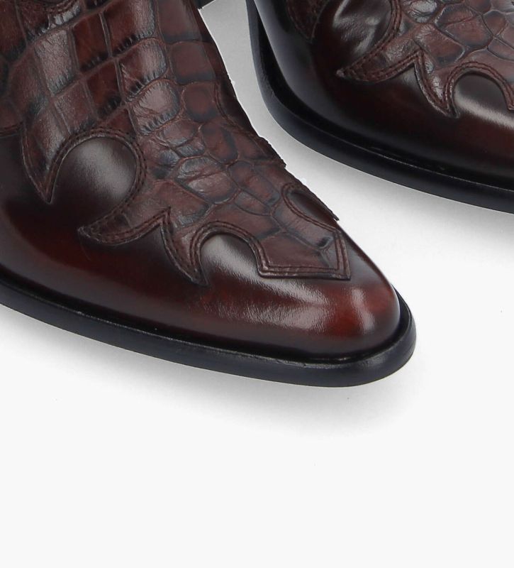 Free Lance Jane 9 Bottine Western Brodée à Talon Cuir De Veau/Cuir Imprimé Crocodile Marron