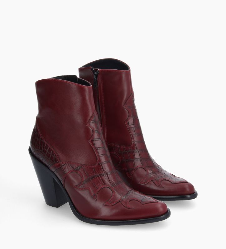 Free Lance Jane 9 Bottine Western Brodée à Talon Cuir De Veau/Cuir Imprimé Crocodile Bordeaux
