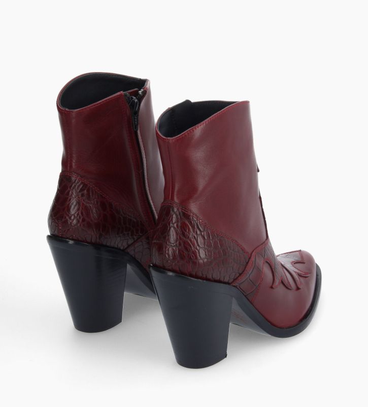 Free Lance Jane 9 Bottine Western Brodée à Talon Cuir De Veau/Cuir Imprimé Crocodile Bordeaux