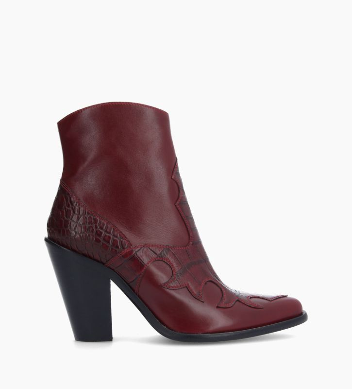 free lance Jane 9 Bottine western brodée à talon Cuir de veau/Cuir imprimé crocodile Bordeaux