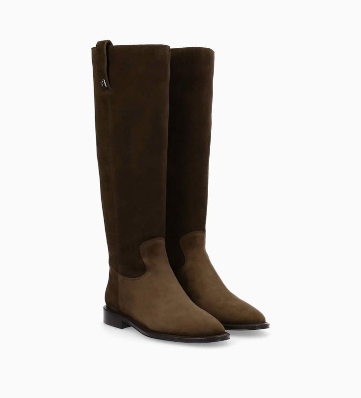 Free Lance Joan Botte à Talon Plat Cuir Velours Marron Foncé