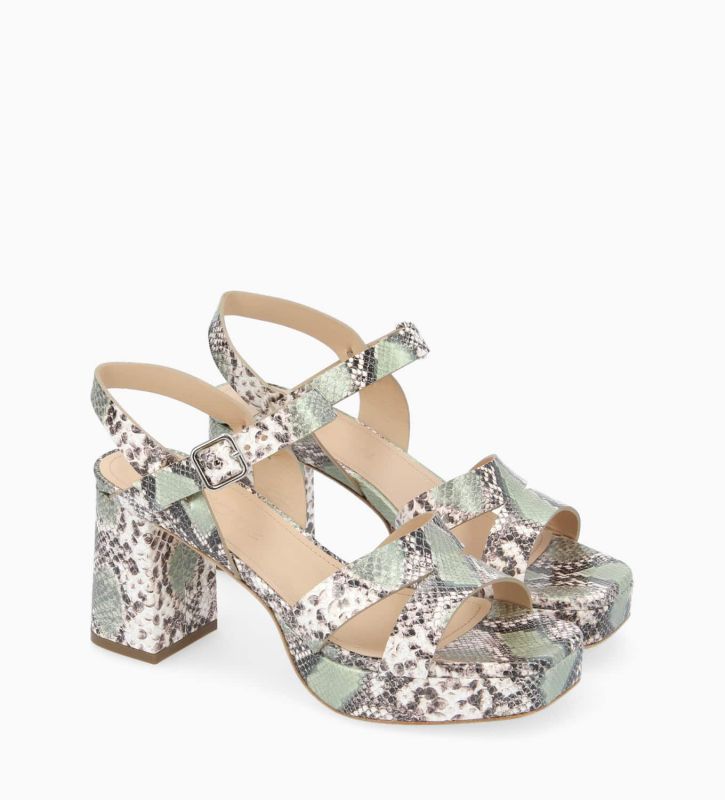 Free Lance Juliette 50 Sandale à Talon Cuir Métallisé Imprimé Serpent Beige/Jade