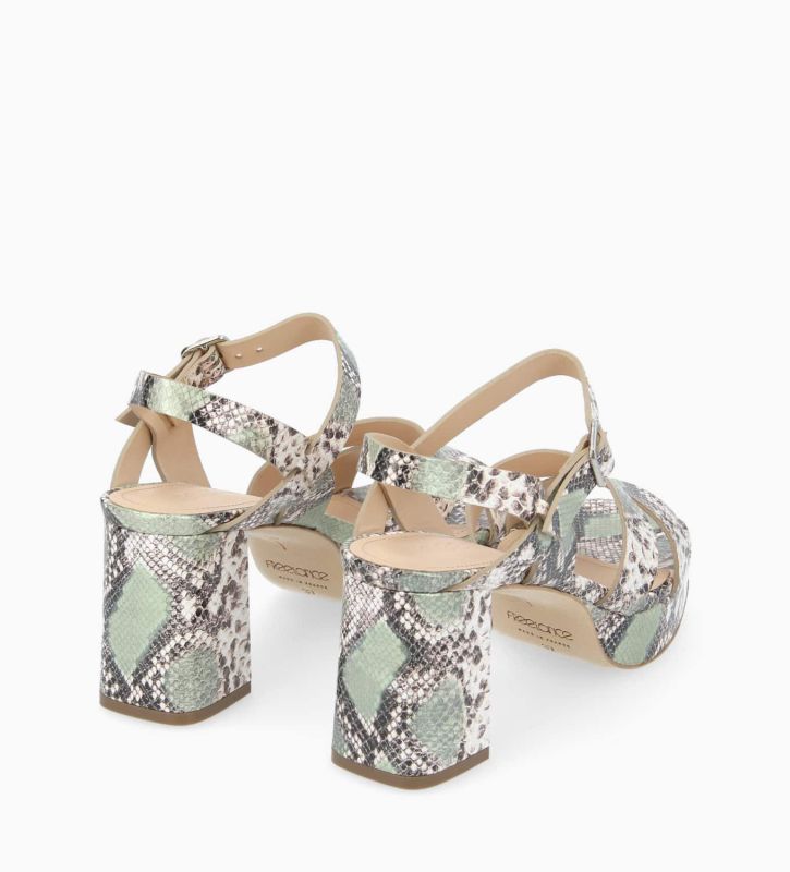 Free Lance Juliette 50 Sandale à Talon Cuir Métallisé Imprimé Serpent Beige/Jade