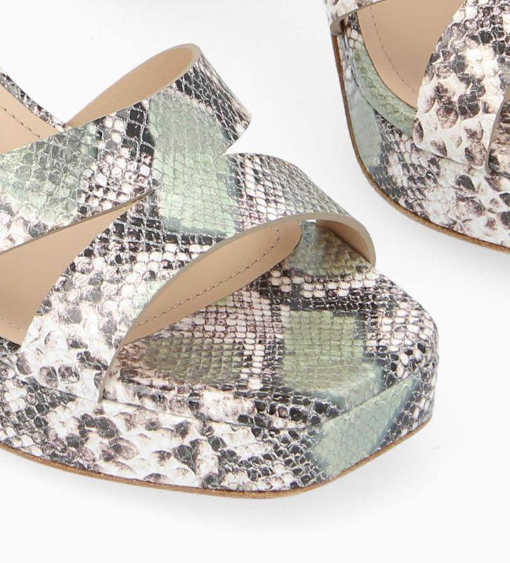 Free Lance Juliette 50 Sandale à Talon Cuir Métallisé Imprimé Serpent Beige/Jade
