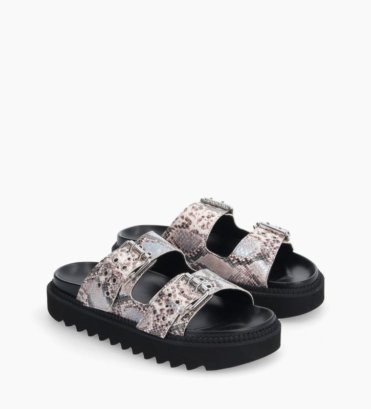 Free Lance Knife Mule Plate à Boucles Cuir Imprimé Serpent Argent/Beige