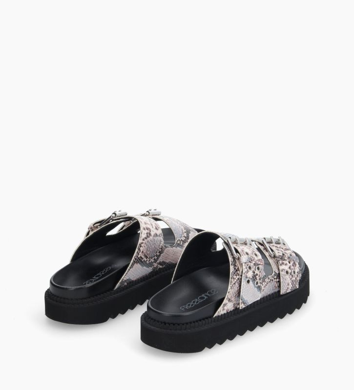 Free Lance Knife Mule Plate à Boucles Cuir Imprimé Serpent Argent/Beige