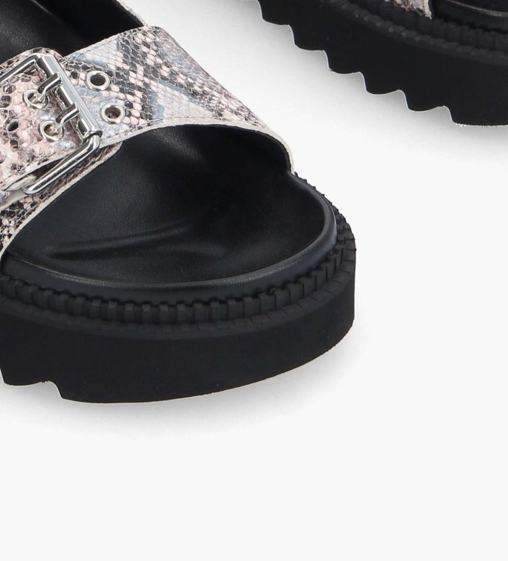 Free Lance Knife Mule Plate à Boucles Cuir Imprimé Serpent Argent/Beige