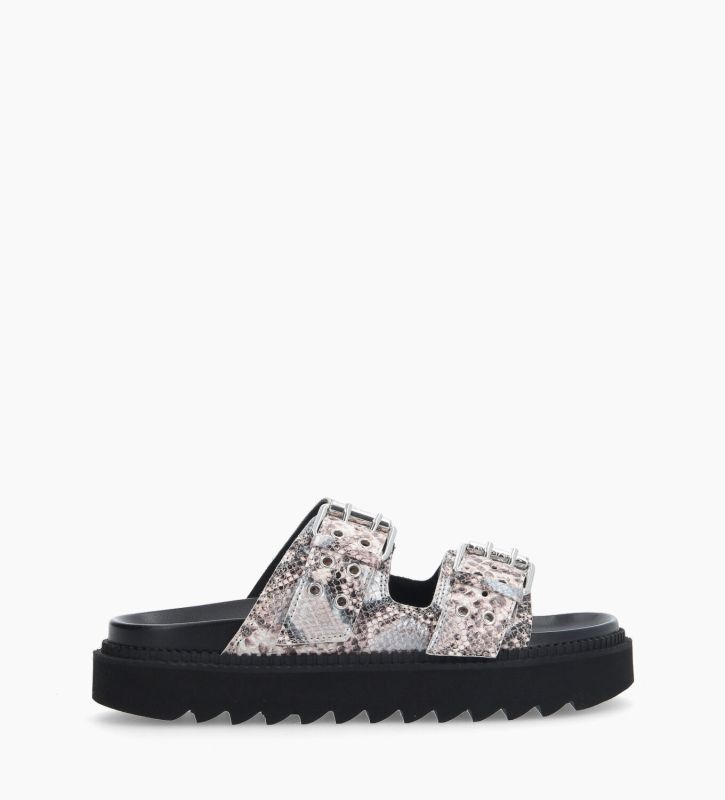 free lance Knife Mule plate à boucles Cuir imprimé serpent Argent/Beige