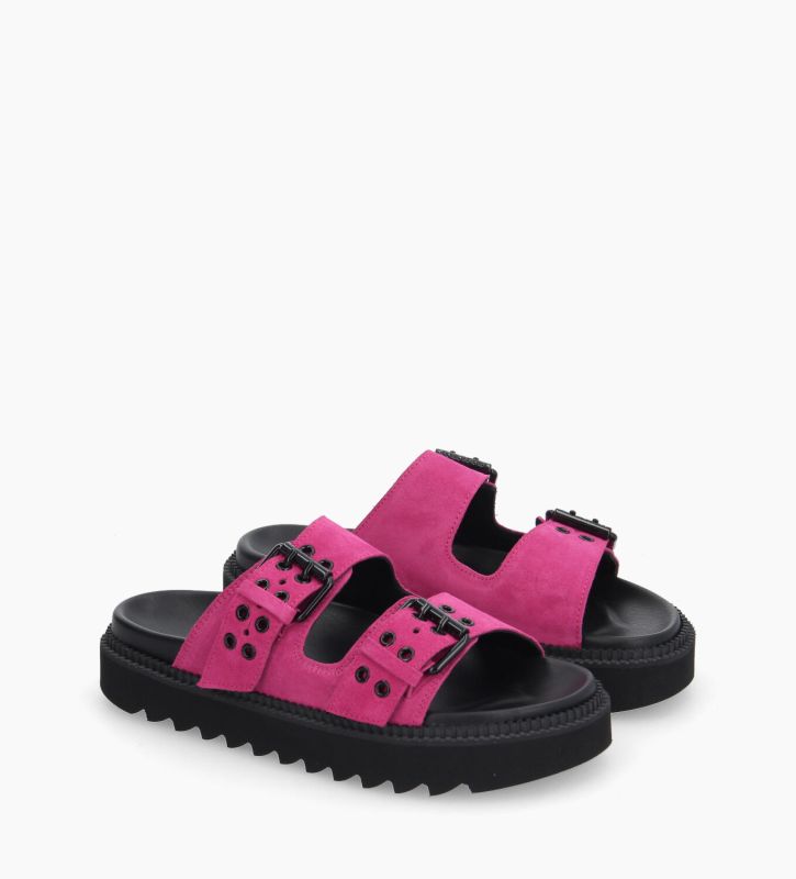 Free Lance Knife Mule Plate à Boucles Cuir Velours Fuchsia