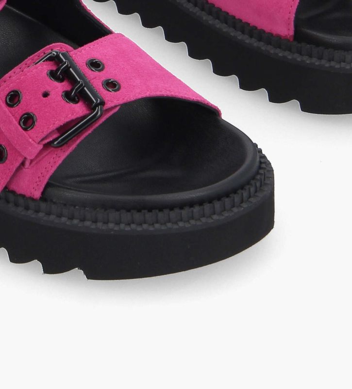 Free Lance Knife Mule Plate à Boucles Cuir Velours Fuchsia