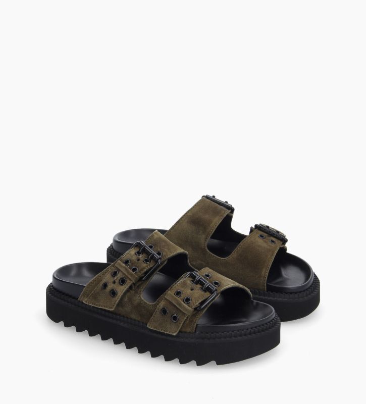 Free Lance Knife Mule Plate à Boucles Cuir Velours Kaki