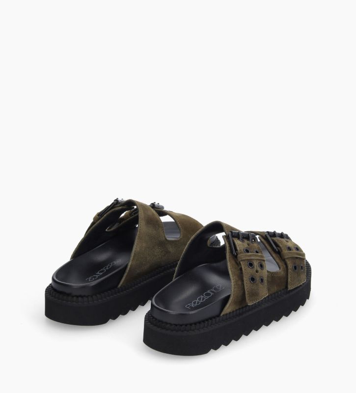 Free Lance Knife Mule Plate à Boucles Cuir Velours Kaki