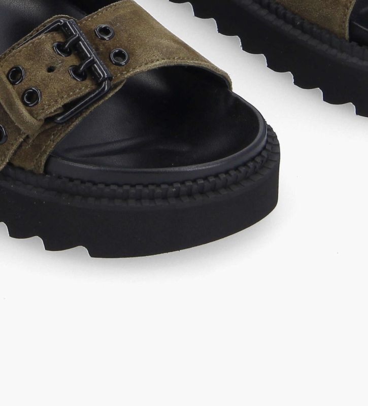 Free Lance Knife Mule Plate à Boucles Cuir Velours Kaki