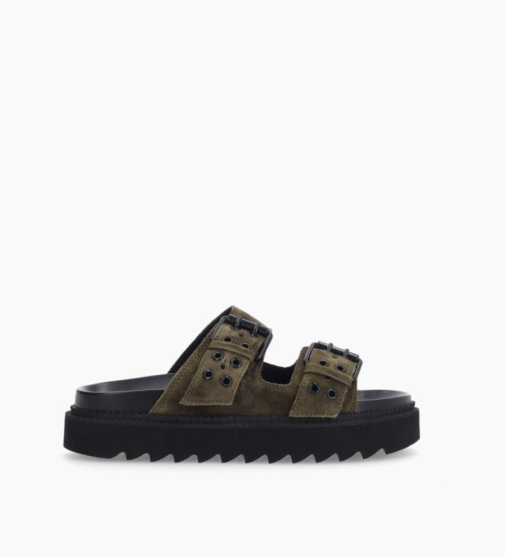 free lance Knife Mule plate à boucles Cuir velours Kaki