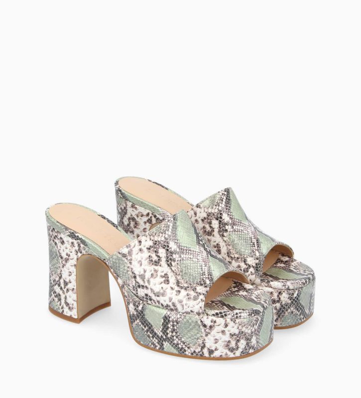 Free Lance Lola 95 Mule à Talon Cuir Métallisé Imprimé Serpent Beige/Jade