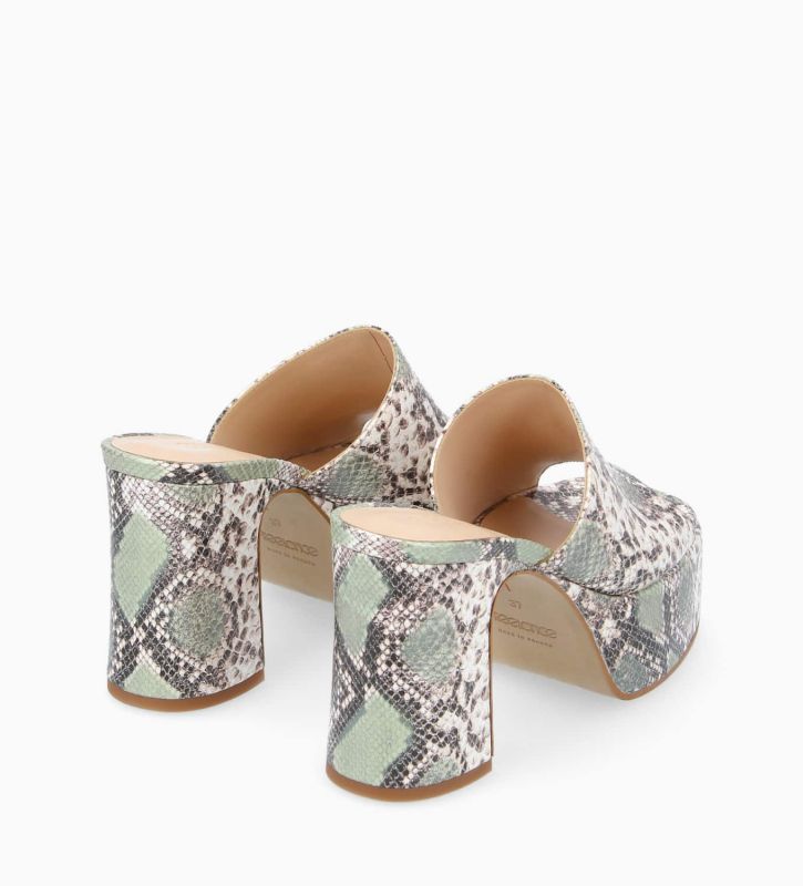 Free Lance Lola 95 Mule à Talon Cuir Métallisé Imprimé Serpent Beige/Jade