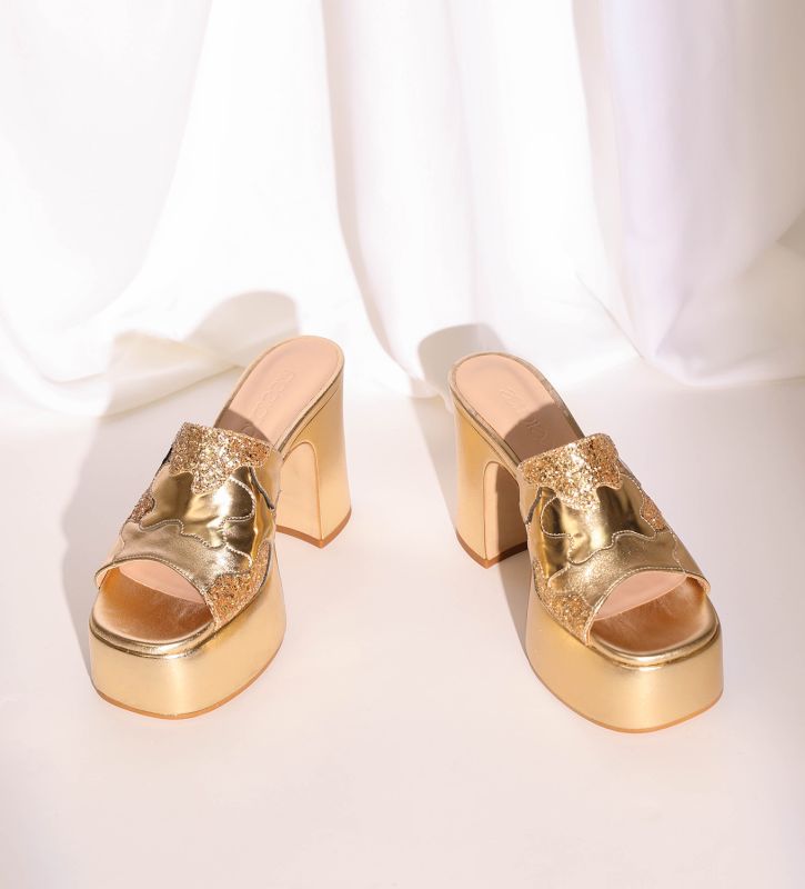 Free Lance Lola 95 Mule à Talon Cuir Miroir/Toile Pailleté/Cuir Or