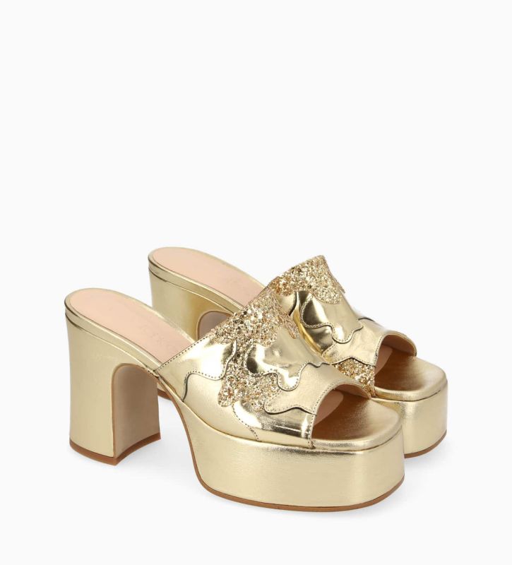 Free Lance Lola 95 Mule à Talon Cuir Miroir/Toile Pailleté/Cuir Or